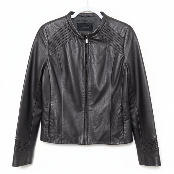 Tahari Jackets & Blazers - Tahari Dark Brown Genuine Leather Moto Jacket Women’s Medium – Zip Front